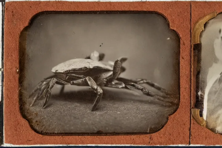 Image similar to a tintype photo of a cross between a crab and a goat