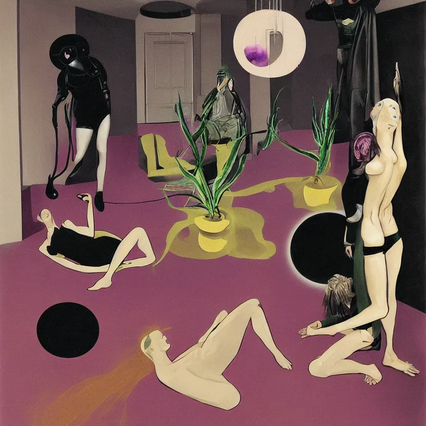 Image similar to Man and woman start to bounce in a living room of a house, floating dark energy surrounds the middle of the room. There is one living room plant to the side of the room, surrounded by a background of dark cyber mystic alchemical transmutation heavenless realm, cover artwork by francis bacon and Jenny seville and tosa mitsuyoshi, midnight hour, part by adrian ghenie, part by jeffrey smith, part by josan gonzales, part by norman rockwell, part by phil hale, part by kim dorland, artstation, highly detailed