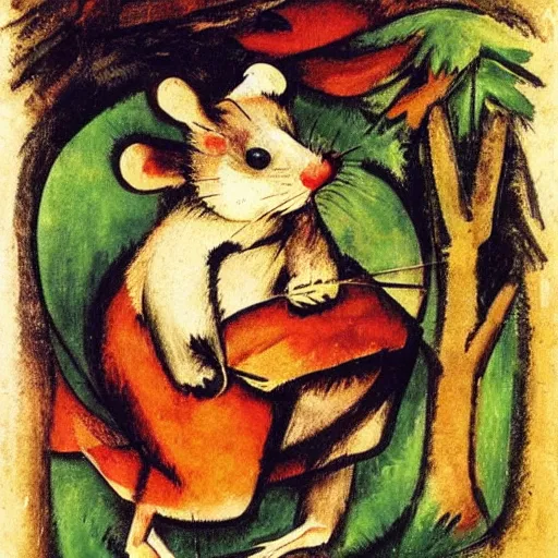 Prompt: mouse holding a drum, sitting in the forrest, medieval portrait, by franz marc