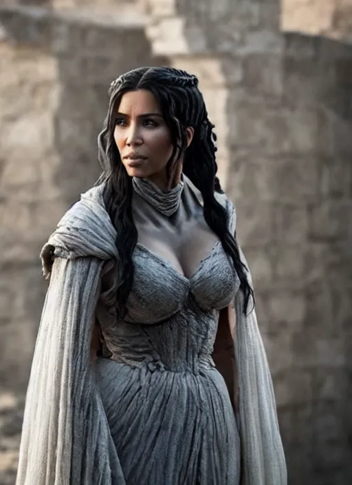 Image similar to film still of kim kardashian as daenerys targary in game of thrones.