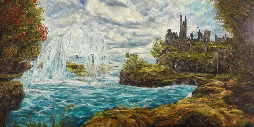 Image similar to <https://s.mj.run/S3Pu0N> oil painting, medieval fantasy, background of an isle with ancient castle ruin overrun with blue chaos magic, apple trees, apples, waterfalls, ponds, statues of heroes, golden::0.3 cloudy sky with many shimmering stars, goddesses in white::0.7 flowing silk dress, moody lighting, by brian froud and wayne barlowe and beeple::0.2, cg society, DSLR, trending on Artstation Unreal Engine VRay, octane 8k, phantasmagoric, hyperrealism, fresnel effect, very very detailed