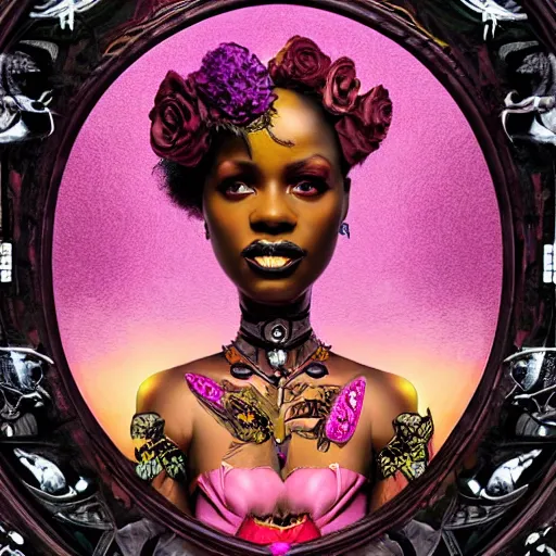 Prompt: wide angle dynamic portrait of an african goddess in a black rose garden with a pink pond and a steampunk portal, by mark ryden and todd schorr and mark davis in a surreal lowbrow style, digital paint, matte paint, vivid synthwave colors, breathtaking landsape