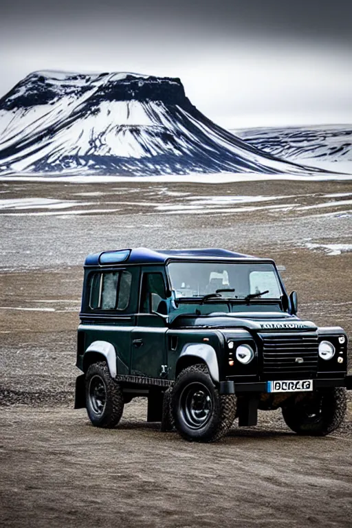 Image similar to land rover defender in iceland in the style of salvador dali