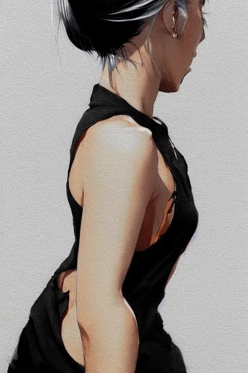 Image similar to a ultradetailed beautiful painting of a stylish woman in with white hair in a ponytail, she is wearing a black tank top and jeans, by conrad roset, greg rutkowski and makoto shinkai trending on artstation