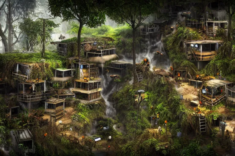 Prompt: favela bunker honeybee hive, forest waterfall environment, industrial factory, spooky, award winning art, epic dreamlike fantasy landscape, ultra realistic,