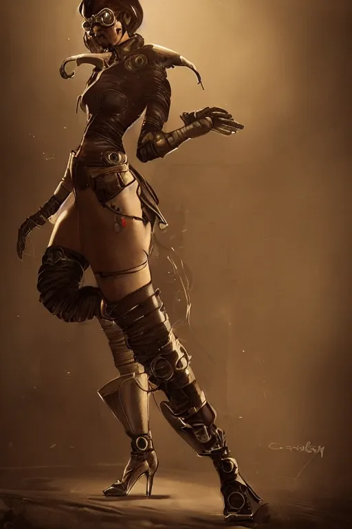 Prompt: steampunk assassin woman with prosthetic leg, character concept digital art design by cedric peyravernay