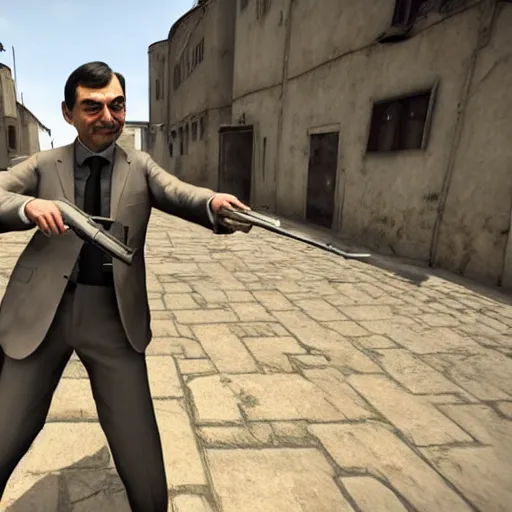 Image similar to mr bean holding an awp in dust 2, counter strike global offensive, videogame, 8 k, award winning