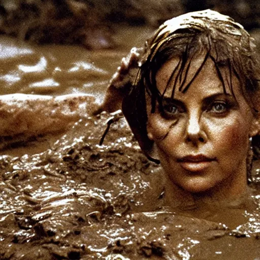 Image similar to film still, close up, charlize theron rising out of muddy vietnam river, face covered in mud, low camera angle at water level, night time, film still from apocalypse now ( 1 9 7 9 ), 2 6 mm.