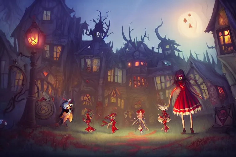 Image similar to scary village, american mcgee's alice, sharp focus, artstation, trending, by julie dillon, luis melo, tyler miles lockett, lei jin, hong lei, ken wong, adam narozanski, joy ang