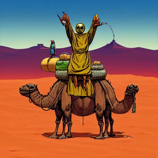 Image similar to several stoner merchants in robes with integrated bong gas mask appliances, trucking bales of herbs across an alien desert with camel-like creatures in tow. Album art by Arik Roper and Jean Giraud