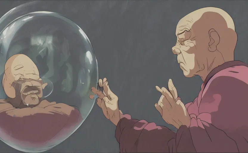 Prompt: a film still portrait of a mauve old monk meditating inside a bubble outside. finely detailed features, closeup at the faces, chronenberg, perfect art, grimdark, trending on pixiv fanbox, painted by studio ghibli