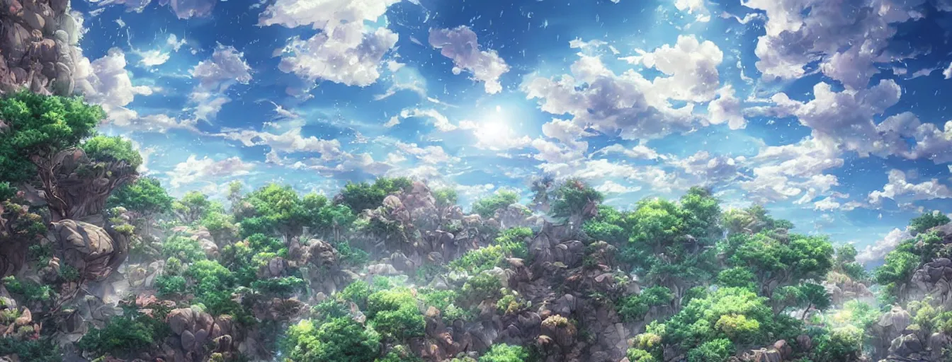 Prompt: a beautiful, dreamy, wistful sky filled with raining rocks. hyperrealistic anime background illustration by kim jung gi, colorful, extremely detailed intricate linework, smooth, super sharp focus, bright colors, high contrast, matte, octopath traveler, unreal engine 5 highly rendered, global illumination, radiant light