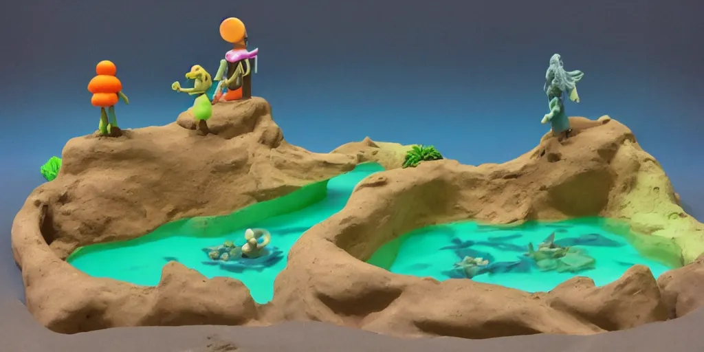 Image similar to plasticine model in water. clay figures. side view of tropical fish tank with sand. fighter fish. astrix obelisk. collecting helmets wallace and gromit. figures clay. aquatic photography.