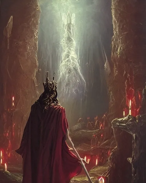 Prompt: A wild magic sorcerer. He is wearing a cloak with glowing runes on it and a crown. He is frowning seriously. He is preparing to cast a spell to banish the old gods. He is standing in spell circle. Award winning realistic oil painting by Thomas Cole and Wayne Barlowe