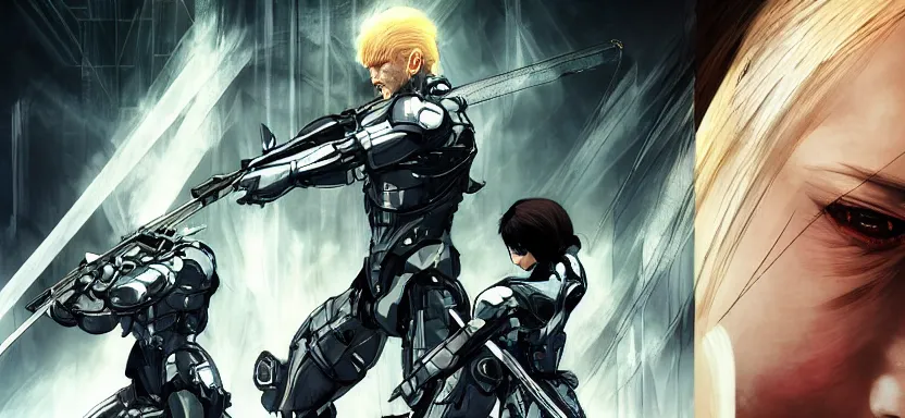 Prompt: metal gear rising revengeance, digital painting masterpiece, by ilya kuvshinov, by frank frazetta, by mœbius, by reiq, by hayao miyazaki, intricate detail, beautiful brush strokes, advanced lighting technology, 4 k wallpaper, interesting character design, stylized yet realistic anatomy and faces, inspired by kill bill animated scene