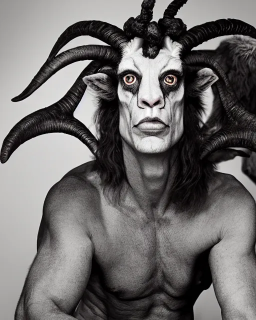 Image similar to actor Mick Jagger in Elaborate Pan Satyr Goat Man Makeup and prosthetics with large goat ears designed by Rick Baker, Hyperreal, Head Shots Photographed in the Style of Annie Leibovitz, Studio Lighting