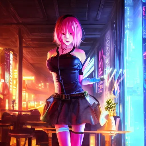 Prompt: Anime Girl in a cyberpunk city bar, full body, beautiful face, fantasy, medieval, vivid colors, elegant, concept art, sharp focus, digital art, Hyper-realistic, 4K, Unreal Engine, Highly Detailed, HD, Dramatic Lighting by Brom, trending on Artstation