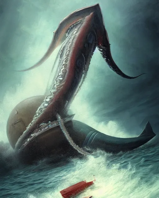 Prompt: a dream fantasy painting of a sub attacked by a giant squid, by beksinki, giger, greg rutkowski, carne griffith trending on artstation, deviantart, photorealism