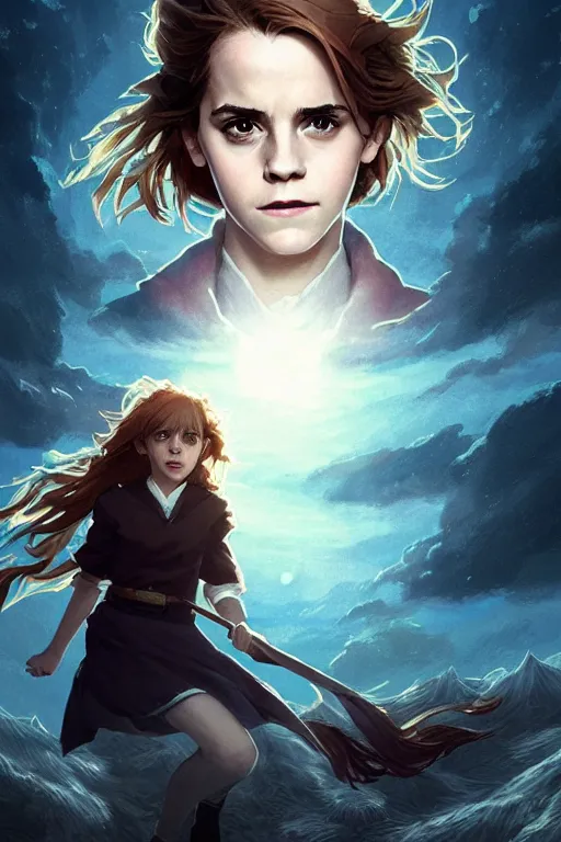 Prompt: Poster artwork, Emma Watson as Hermione Granger, magnificent, medium shot, close up, details, sharp focus, elegant, highly detailed, illustration, by Jordan Grimmer and greg rutkowski and PiNe(パイネ) and 薯子Imoko and 香川悠作 and wlop!! and maya takamura, intricate, beautiful, Trending artstation, pixiv, digital Art