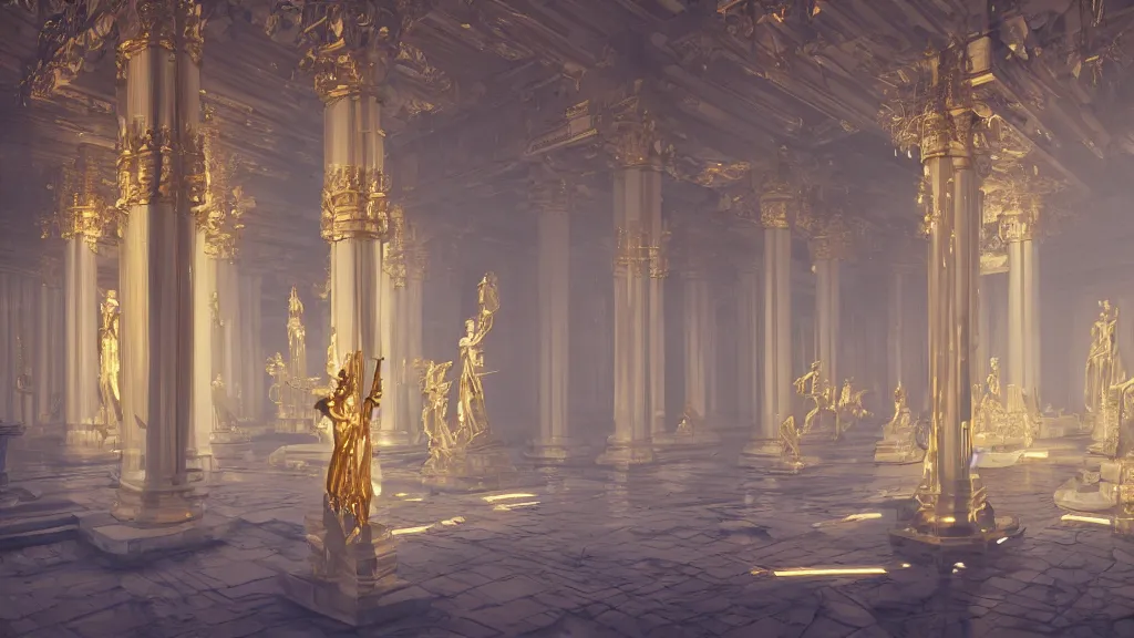 Image similar to glowing golden statues, in an ncient temple in ruins, impeccably clean white marble columns,, by sylvain sarrailh, rossdraws, ambient light, ultra detailed, fantasy artwork, 8 k, volumetric lighting, trending on artstation, award winning, very beautiful.