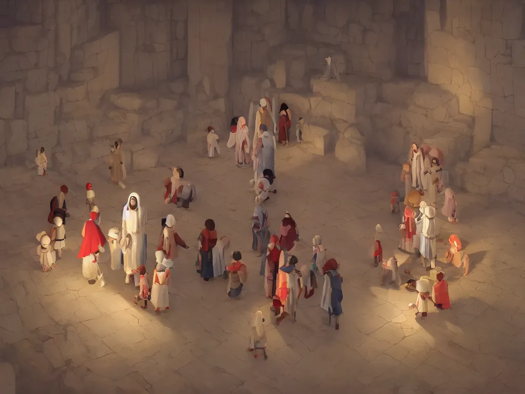 Image similar to the finding of the child jesus in the temple after 3 days, by goro fujita, trending on artstation, 8k, highly detailed, digital graphic art