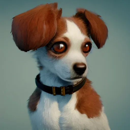 Image similar to a cute little dog portrait, photorealistic, 3 d render, award winning render, unreal engine, octane render, studio lighting, 8 k, hd, dustin nguyen, akihiko yoshida, greg tocchini, greg rutkowski, cliff chiang, pixar