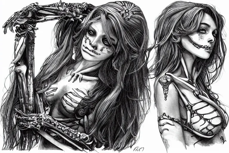 Image similar to “ a extremely detailed stunning girl and skeleton drawings by allen william on artstation ”