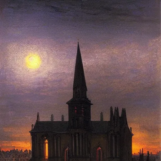 Prompt: city, church, night, dramatic light, oil painting, by caspar david friedrich