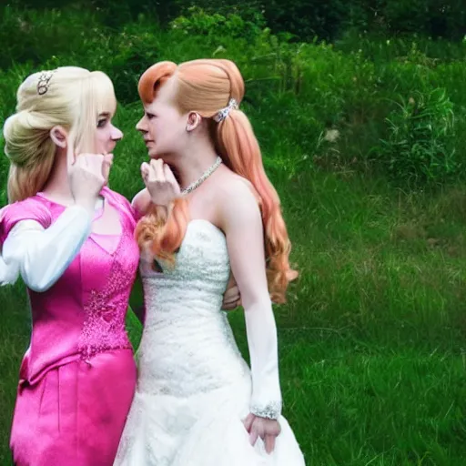 Image similar to the lesbian wedding of princess peach and princess zelda, photo, photograph, circa 2 0 1 4, wedding photo