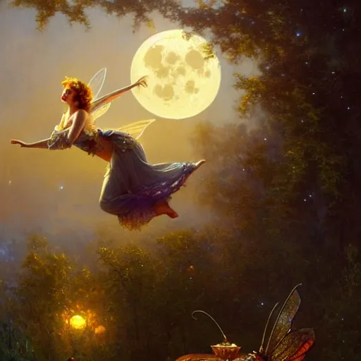 Image similar to attractive fairy magically floating high in the night, fantasy, full moon in background. highly detailed painting by gaston bussiere, craig mullins, j. c. leyendecker, mid shot, 8 k realistic, cryengine, frostbite 3 engine, sharp focus