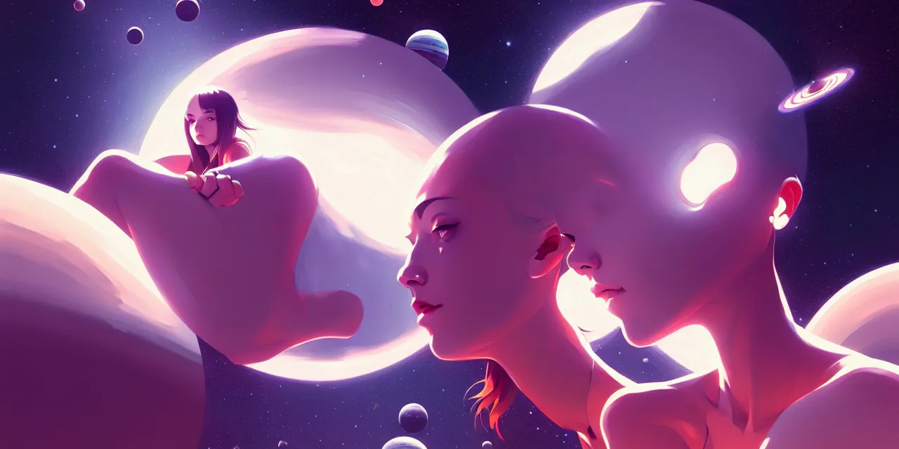 Image similar to girl in space, floating beside planets, symmetrical face and body, dynamic body pose, dynamic composition, detailed designs, digital painting, 4 k, by ilya kuvshinov, by greg rutkowski, atmospheric lighting