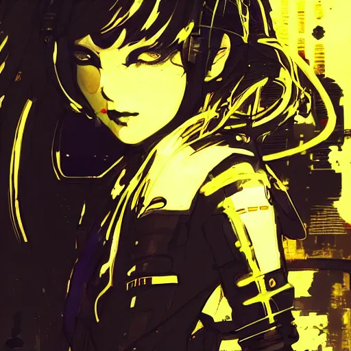 Image similar to Frequency indie album cover, luxury advertisement, golden filter, golden and black colors. A clean and detailed post-cyberpunk sci-fi close-up schoolgirl, she is very powerful, in asian city in style of cytus and deemo, mysterious vibes, by Tsutomu Nihei, by Ilya Kuvshinov, by Greg Tocchini, nier:automata, Yorda from Ico and Lain Iwakura, set in half-life 2, beautiful with eerie vibes, very inspirational, very stylish, with gradients, surrealistic, dystopia, postapocalyptic vibes, depth of field, mist, rich cinematic atmosphere, perfect digital art, mystical journey in strange world, beautiful dramatic dark moody tones and studio lighting, shadows, bastion game, arthouse