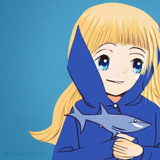 Prompt: a blonde girl in a black hoodie holding a blahaj blue shark plush from ikea, anime style digital art