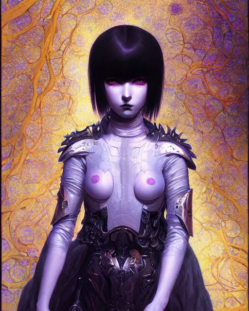 Image similar to portrait of beautiful cute young goth maiden girl with short white hairs in warhammer armor, art by ( ( ( kuvshinov ilya ) ) ) and wayne barlowe and gustav klimt and artgerm and wlop