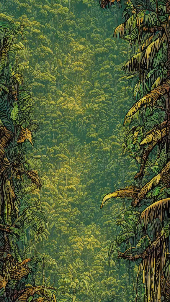 Image similar to a dense amazon rainforest jungle by dan mumford