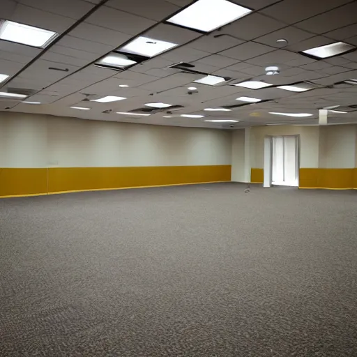 Image similar to dark lights out blackout scary empty 9 0 s office building with no windows doors or furniture the building has brown carpet and yellow wallpaper