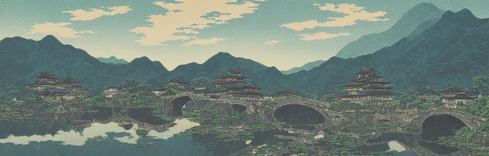 Prompt: landscape painting of multiple large interconnected castles,moat,bridge,mountains,digital art,night sky,by Paul Bril and Kawase Hasui masterpiece,high quality,pretty,fantasy,impossible