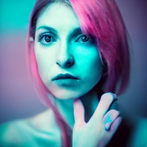 Image similar to a photo of a beautiful woman. moody and melanchony. with a bit of cyan and pink.