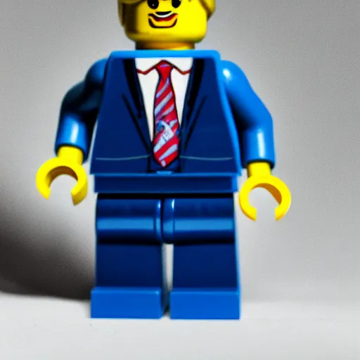 Image similar to lego figurine of donald trump, studio lighting, macro lens, high quality