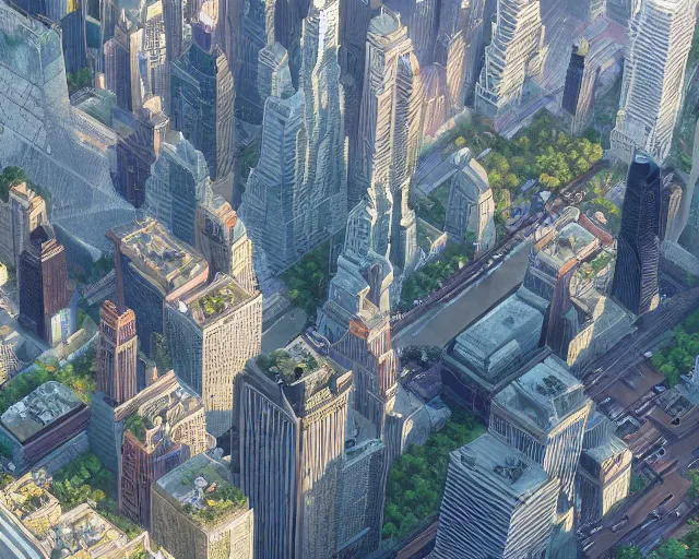 Prompt: a wholesome animation key shot of an overgrown New York, giant skyscrapers, overhead shot, wide shot, architecture, studio Ghibli, Pixar and Disney animation, sharp, very detailed, high resolution, by Raphael LaCoste and Ruan Jia and Robert McCall, postcyberpunk, geodesic dome, hyperdetailed, sunrise, wide shot, autochrome, octane render, inspired by Hayao Miyazaki, anime key art by Greg Rutkowski, Bloom, dramatic lighting