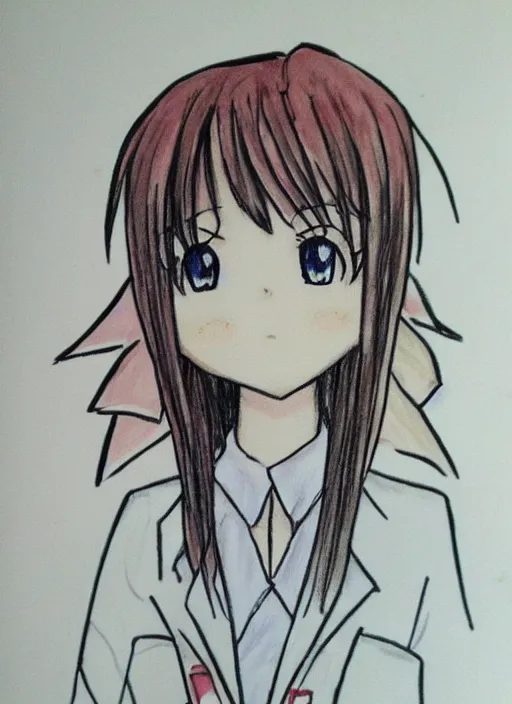 Image similar to drawn anime woman in business clothing, crayon art, very silly, very anime