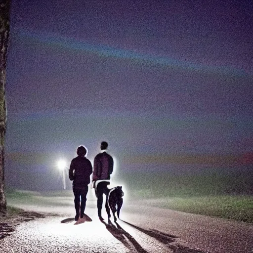 Image similar to dog walking in the night cinematography