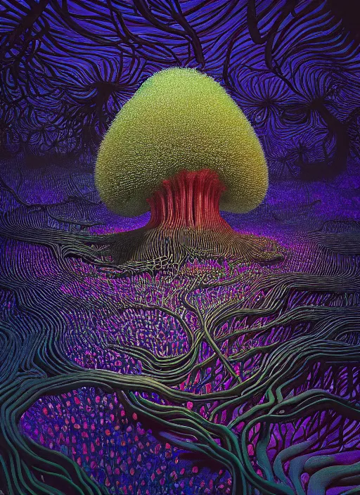 Prompt: hyper detailed 3d render like a Oil painting - polyp blossoms bring iridescent fungal flowers whose spores black the foolish stars in the middle of a dense black forest clearing, the night sky glows in a break above the trees, by Jacek Yerka, Mariusz Lewandowski, Houdini algorithmic generative render, Abstract brush strokes, Masterpiece, Edward Hopper and James Gilleard, Zdzislaw Beksinski, Mark Ryden, Wolfgang Lettl, hints of Yayoi Kasuma, octane render, 8k