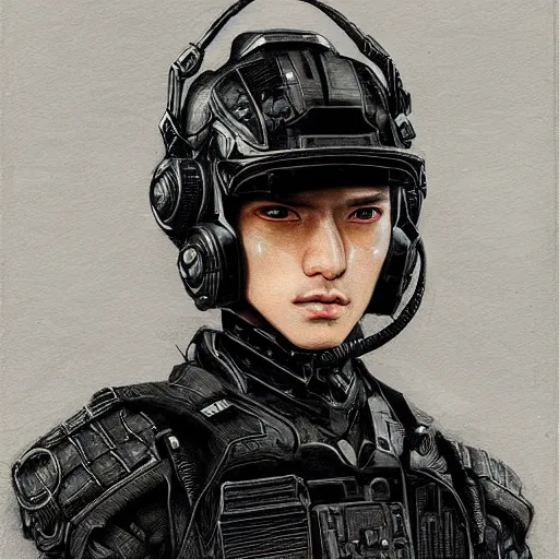 Image similar to portrait of a human by ayami kojima, he is about 2 0 years old, british, manly, straight jaw, black hair, and he is wearing a modern tactical gear, scifi, highly detailed portrait, digital painting, artstation, concept art, smooth, sharp foccus ilustration, artstation hq