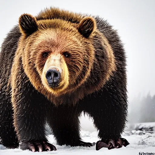 Prompt: man bear pig hybrid, bold natural colors, national geographic photography, masterpiece, full shot