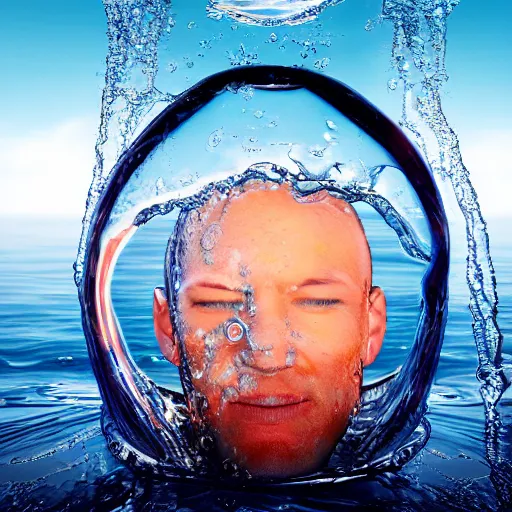 Image similar to a human head in a bottle, water art manipulation, on the ocean water, futuristic, glowing, hyper realistic, ray tracing, realistic water splashes, sharp focus, long shot, 8 k resolution, cinematic, photoshop art