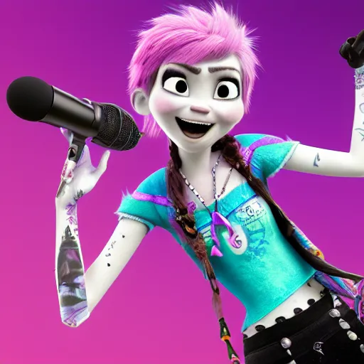 Image similar to high detail render of a punk girl with purple emo hair, a skull shirt, and studded arm bands screaming into a microphone in disney frozen style 4 k