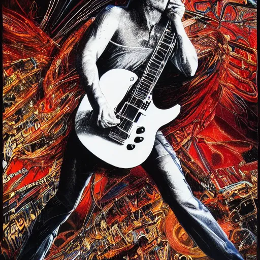 Image similar to A stunning illustration of eddie van halen playing guitar on stage, hyperdetailed mixed media artwork combining the styles of Stephen Gammell and Bill Sienkiewicz, wild power, frantic excitement, perfectly symmetrical facial features, 8k, deeply detailed, cinematic lighting