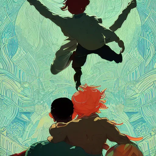 Prompt: a drawing of a young man with brown hair and a young muscular man with orange hair running frantically together, a poster by victo ngai and krenz cushart, pixiv contest winner, art nouveau, official art, wiccan. colorful. beautiful.
