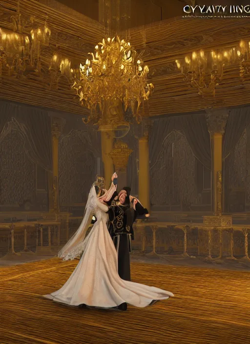 Prompt: highly detailed digital illustration of a newly married medieval king and queen dancing in the grand ballroom of a fantasy castle | fantasy art, cryengine, concept art, photorealism, daz 3 d, sketchfab, zbrush, vray, rule of thirds, golden ratio